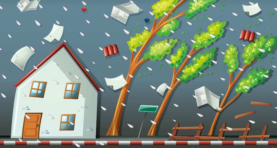 Representation of a storm impacting a house and surrounding environment